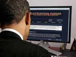 Obama attempts to console himself with leaked production stills from the upcoming spin-off <i>Caprica</i>.